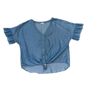 Main Strip Front Tie Ruffle Sleeve Button Down Faux Denim Top